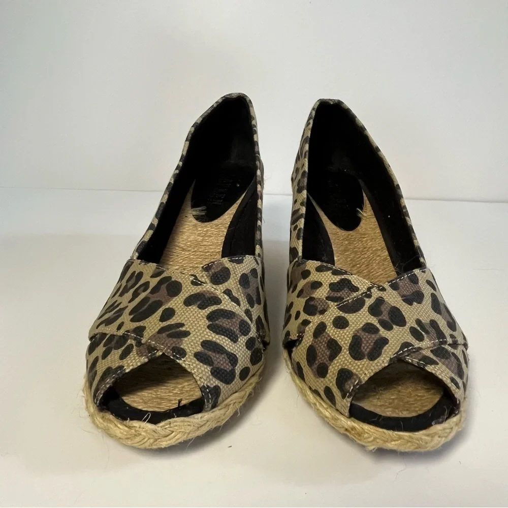 Ralph Lauren Cecilia Espadrille Wedge Sandals Women 8.5 B Cheetah Fabric Slip On